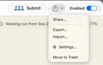 The share menu at the right end of a flow's toolbar: **Share…** hands the file to macOS, **Export…** and **Import…** are the same two commands as the File menu.