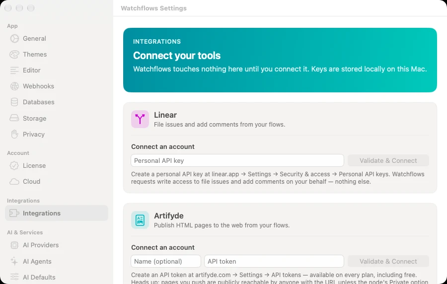 Settings ▸ Integrations. One tile per service; its nodes appear once it is connected.