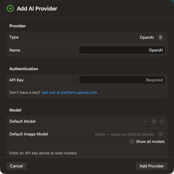 Adding an OpenAI provider. Type decides which fields you see. The link under API Key opens OpenAI's key page.