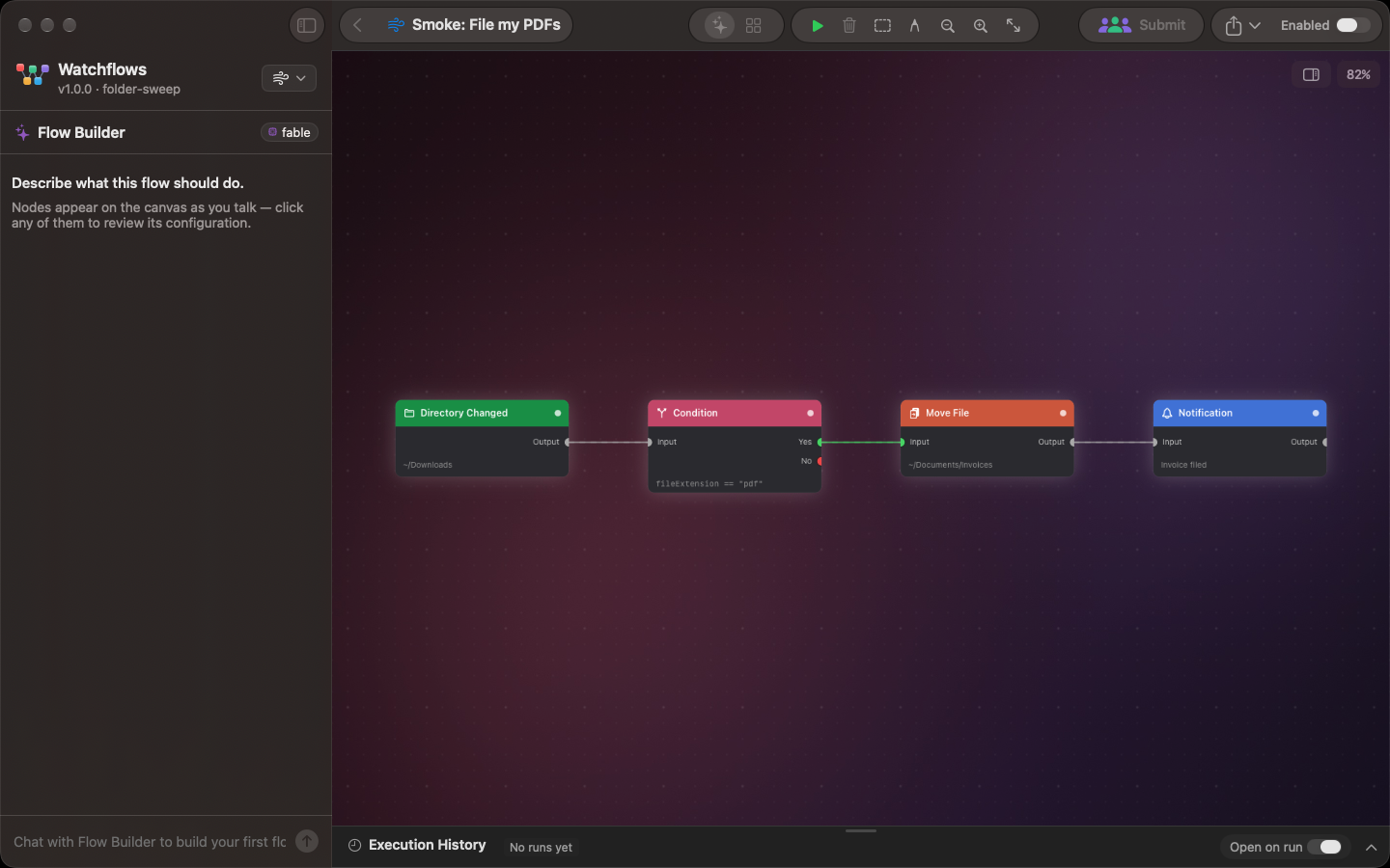 The Flow Builder. The conversation is on the left with the model pill at its top. The flow is on the canvas.