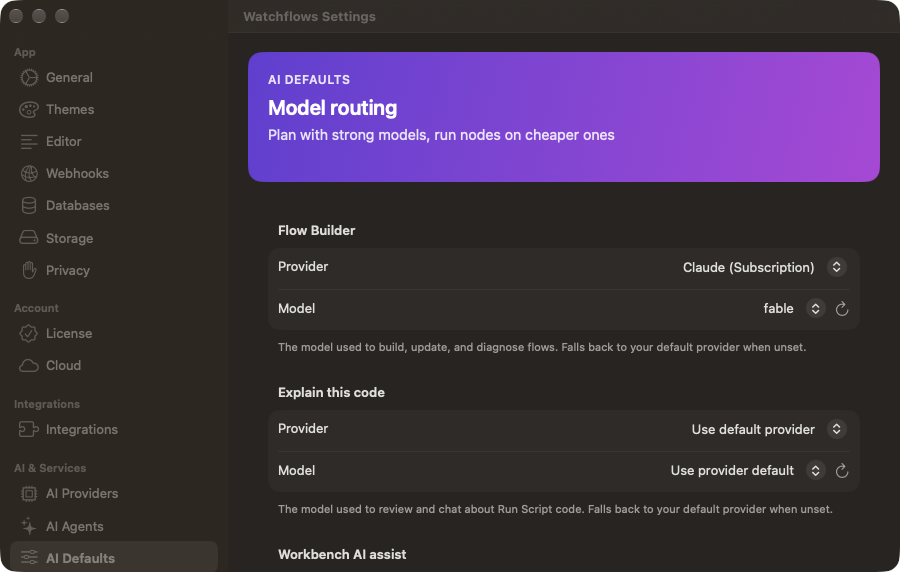 Settings ▸ AI Defaults. Here the Flow Builder uses Claude (Subscription), while Explain this code follows the default.