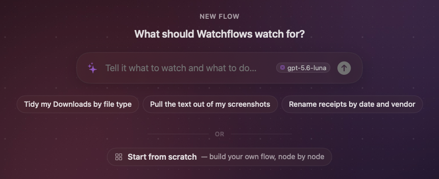 A new flow with AI set up. Describe it, pick an example, or click Start from scratch to build by hand. The pill shows the model.