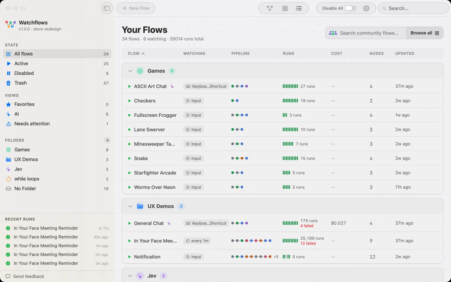 Home, with Disable All in the toolbar and each card naming its trigger.