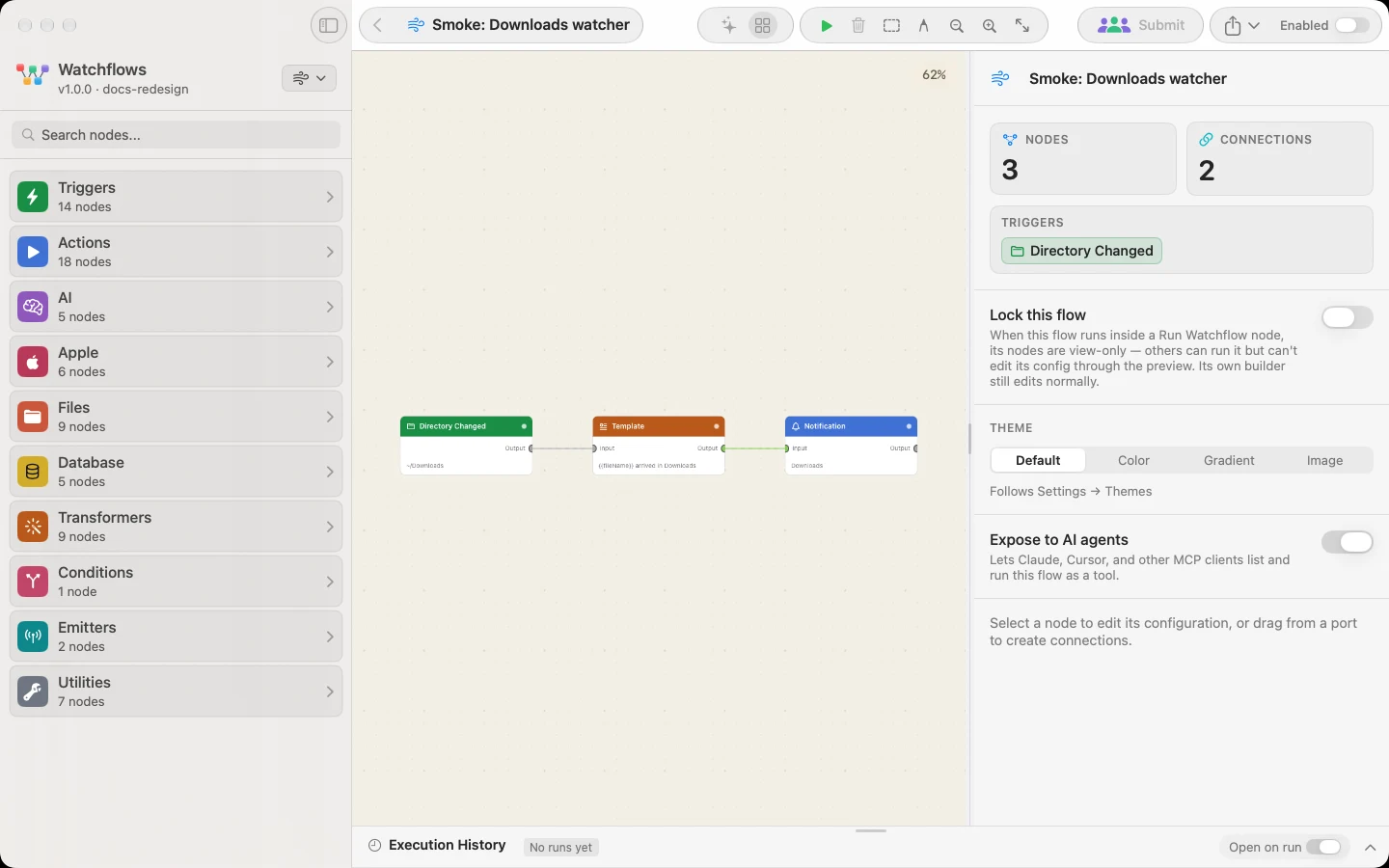 The canvas toolbar. Enabled is the switch that arms the flow.