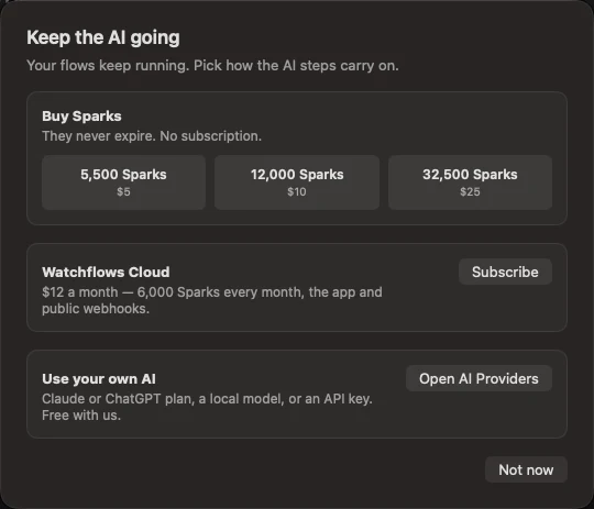 Keep the AI going. Buy Sparks, Watchflows Cloud, or use your own AI.