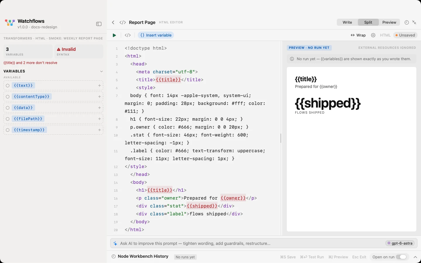 The HTML Editor in Split: the page on the left, what it renders on the right.
