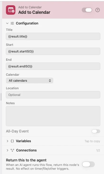 The inspector for an Add to Calendar node. Title, start, end, calendar.