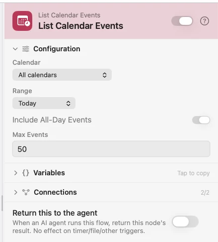 The inspector for a List Calendar Events node set to Today.