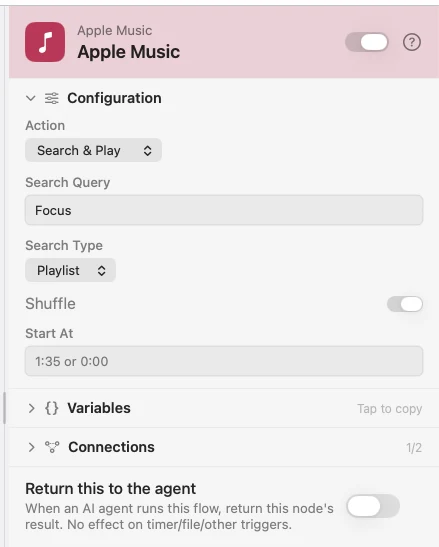 The inspector for an Apple Music node set to Search & Play.