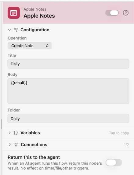 The inspector for an Apple Notes node set to Create Note.