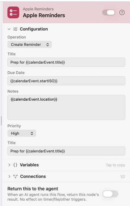 The inspector for an Apple Reminders node set to Create Reminder.