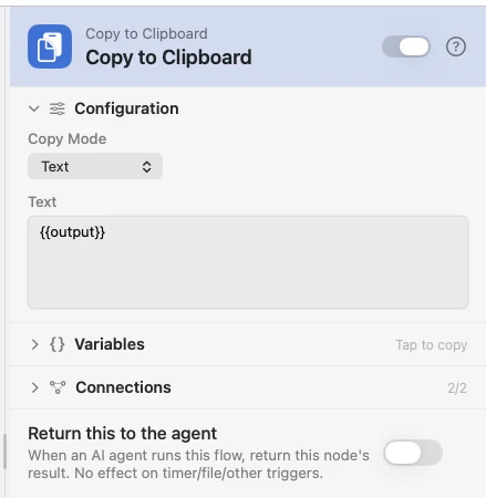 The Copy to Clipboard inspector in Text mode.