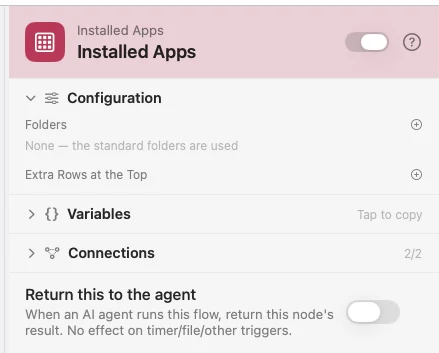 The inspector for an Installed Apps node. The four standard folders, and a row of your own at the top.