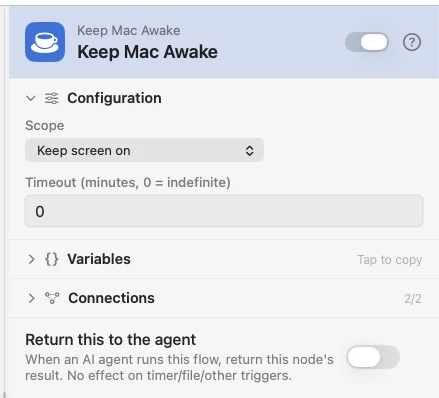 The Keep Mac Awake inspector: a scope and a timeout.
