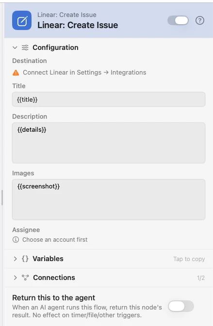 The Linear: Create Issue inspector, with the Account, Team and Project rows.