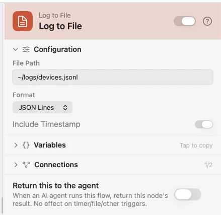 The inspector for a Log to File node set to JSON Lines.