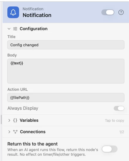 The Notification inspector, with the body built from upstream keys.