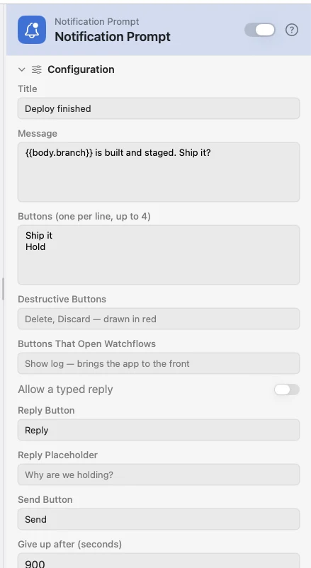 The Notification Prompt inspector, with three buttons and a typed reply.