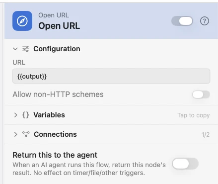 The Open URL inspector, with a templated link.