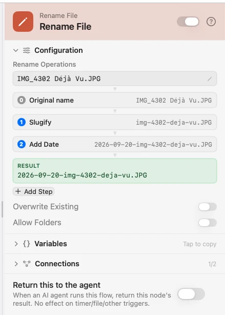The inspector for a Rename File node showing the pipeline: base name, operations, result.
