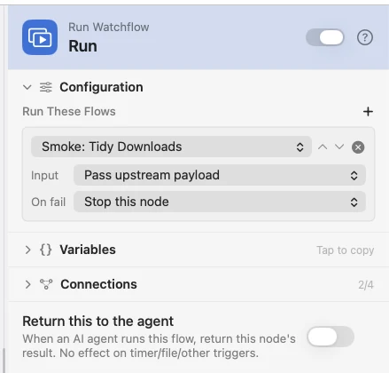 The Run Watchflow inspector, with two flows picked.