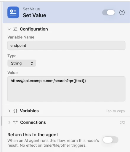 The Set Value inspector: a name, a type, and the value field the type chose.
