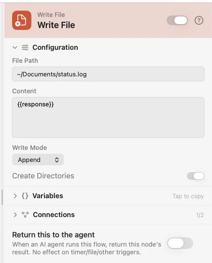The inspector for a Write File node. Path, content, and the write mode.