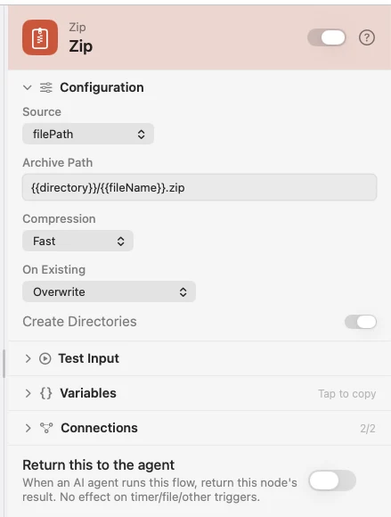 The inspector for a Zip node. Source, archive path, and what to do about an existing archive.