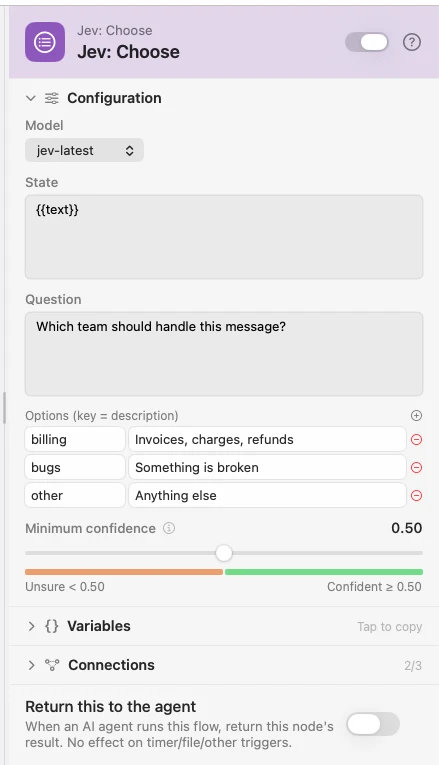 The inspector for a Jev: Choose node. The question, the option list, and the confidence slider.
