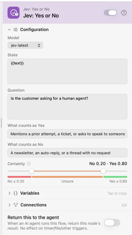 The inspector for a Jev: Yes or No node. Question, the two criteria fields, and the Certainty slider.