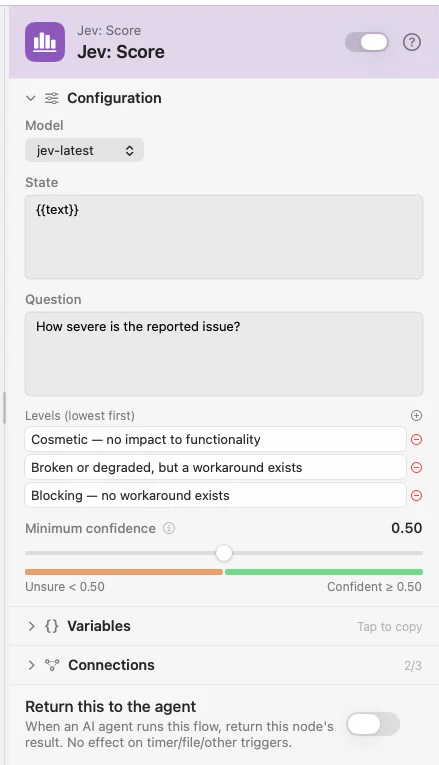 The inspector for a Jev: Score node. The question, the ordered level list, and the confidence slider.