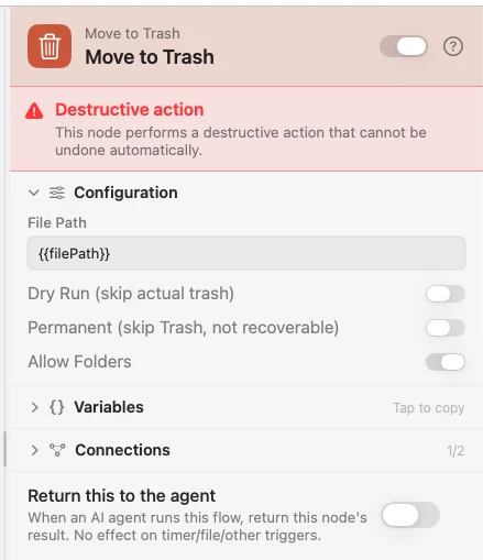 A Move to Trash node with Allow Folders on, and the red hint that appears with it.