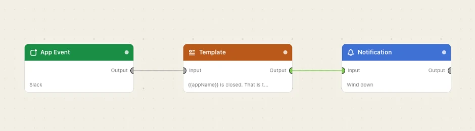 Three nodes. Quitting the app starts the flow.