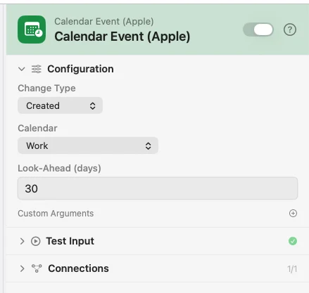 The inspector for Calendar Event. Change Type, one calendar, and a look-ahead.