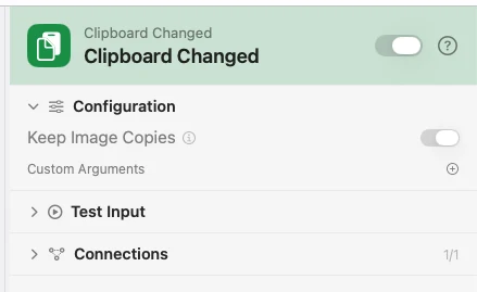 The inspector for Clipboard Changed. Keep Image Copies is the only choice to make.