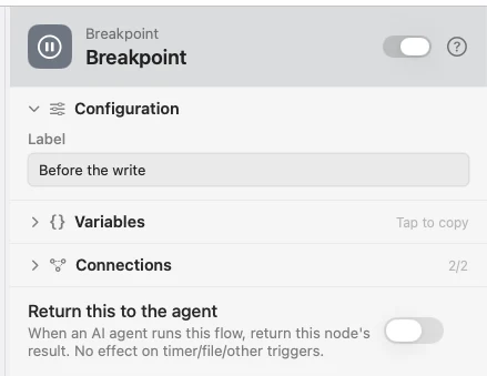 A Breakpoint node paused mid-run, showing Continue.