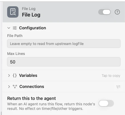 A File Log node on the canvas, showing the tail of a log file.
