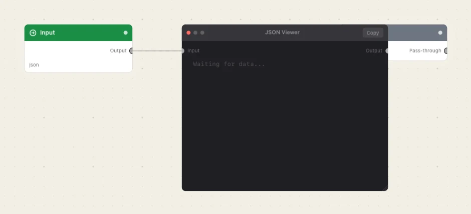 Three nodes: nested JSON in, the tree on the canvas, the record kept.
