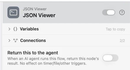 A JSON Viewer on the canvas, showing a payload as an expandable tree.