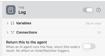 A Log node wired between two nodes, with nothing in its inspector.
