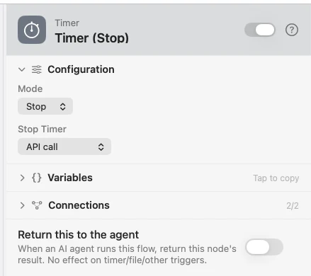 The inspector for a Timer in Stop mode, choosing which timer to stop.