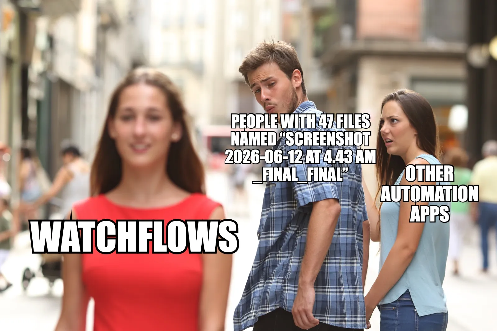 Distracted Boyfriend meme captioned about Watchflows