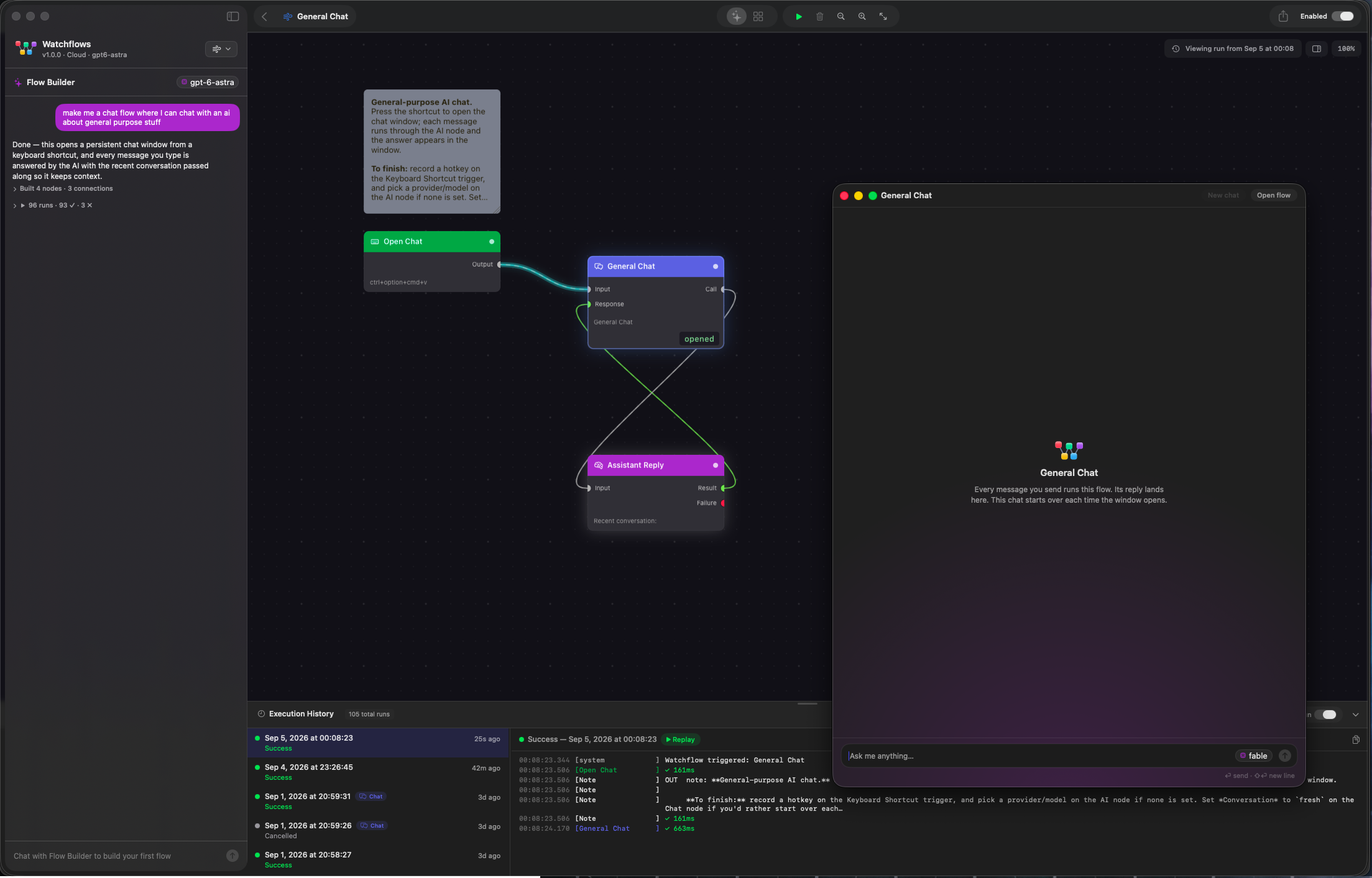 AI Chat flow on the Watchflows canvas