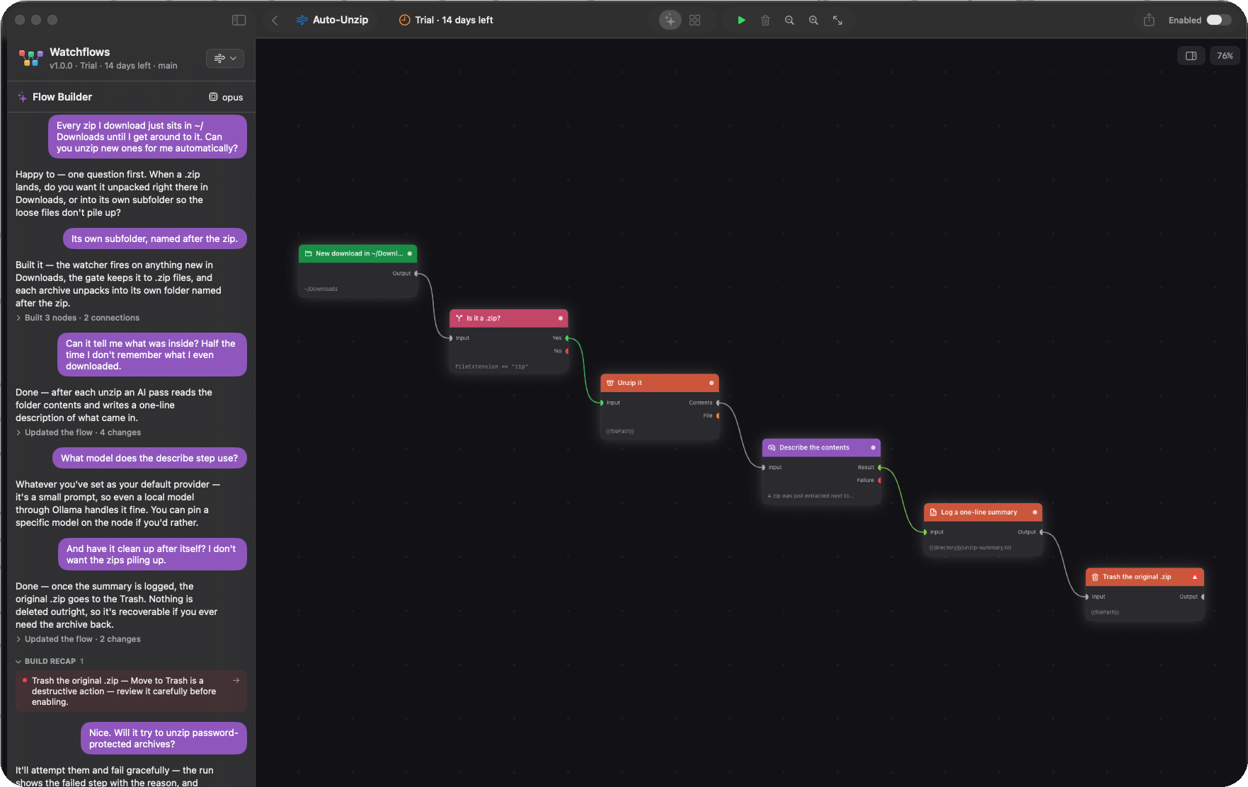 Auto-Unzip flow on the Watchflows canvas