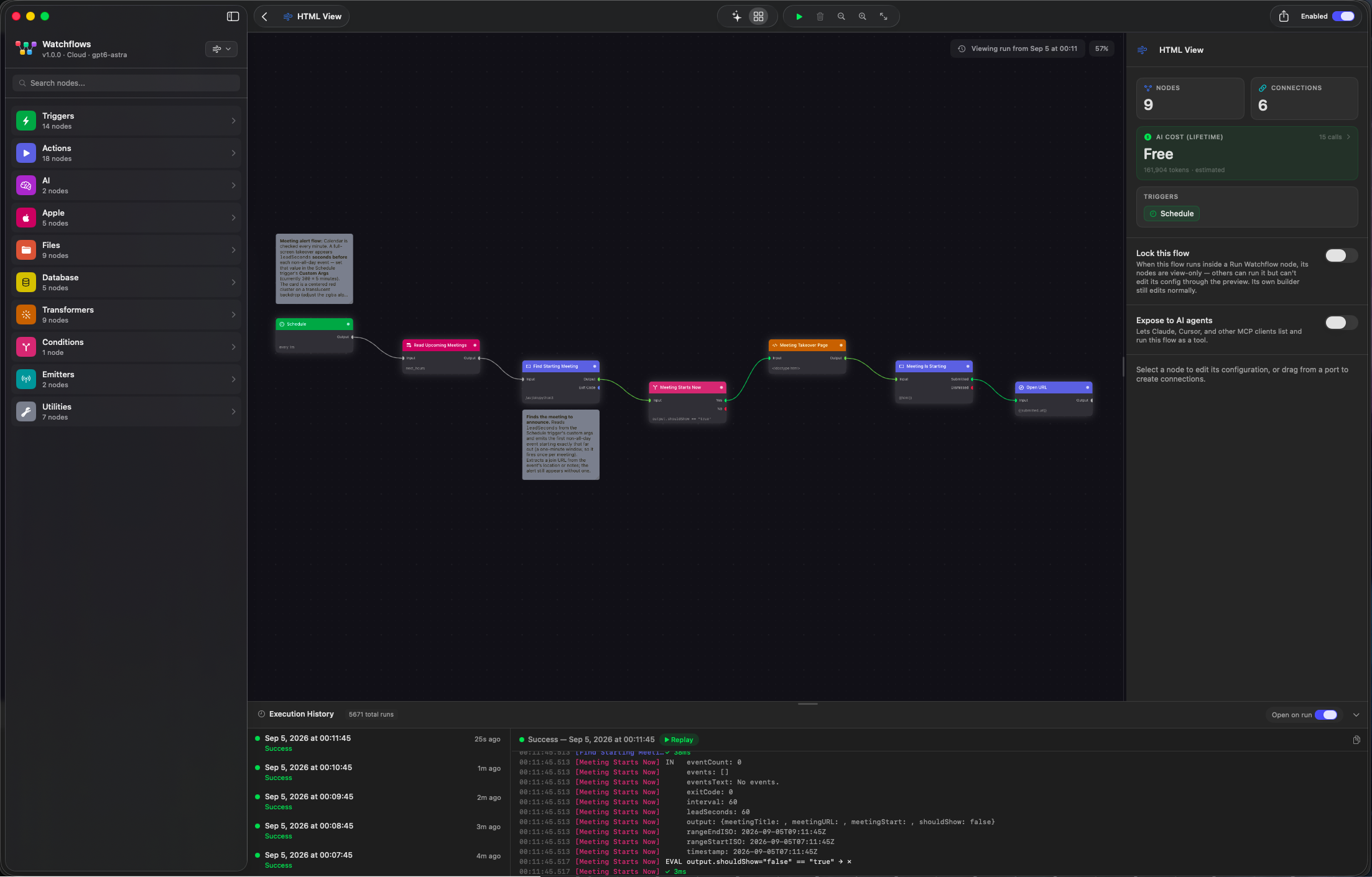 The Watchflows node library open beside a hand-built flow on the canvas