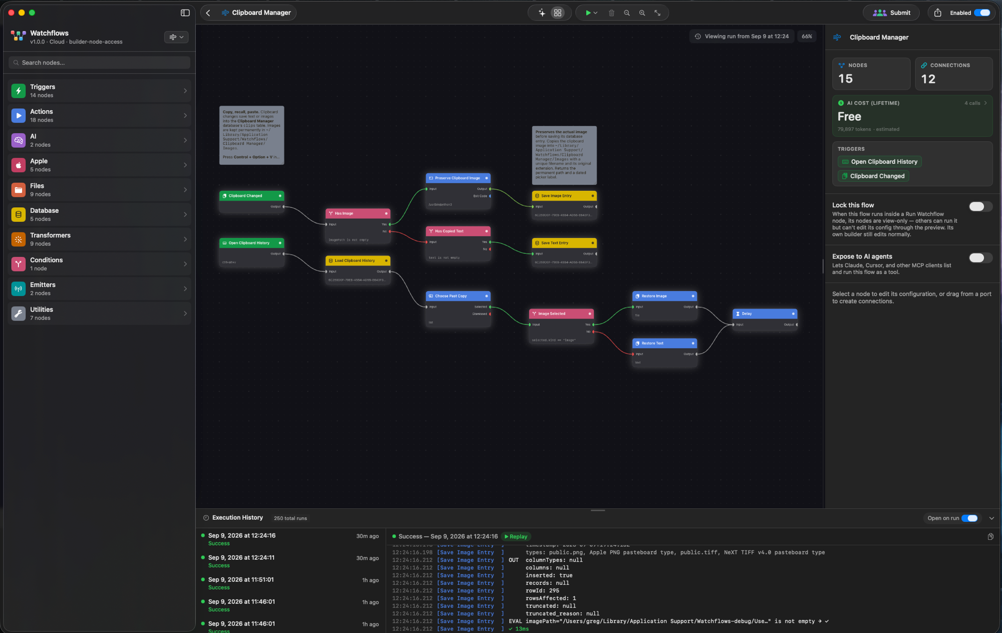 Clipboard Manager flow on the Watchflows canvas