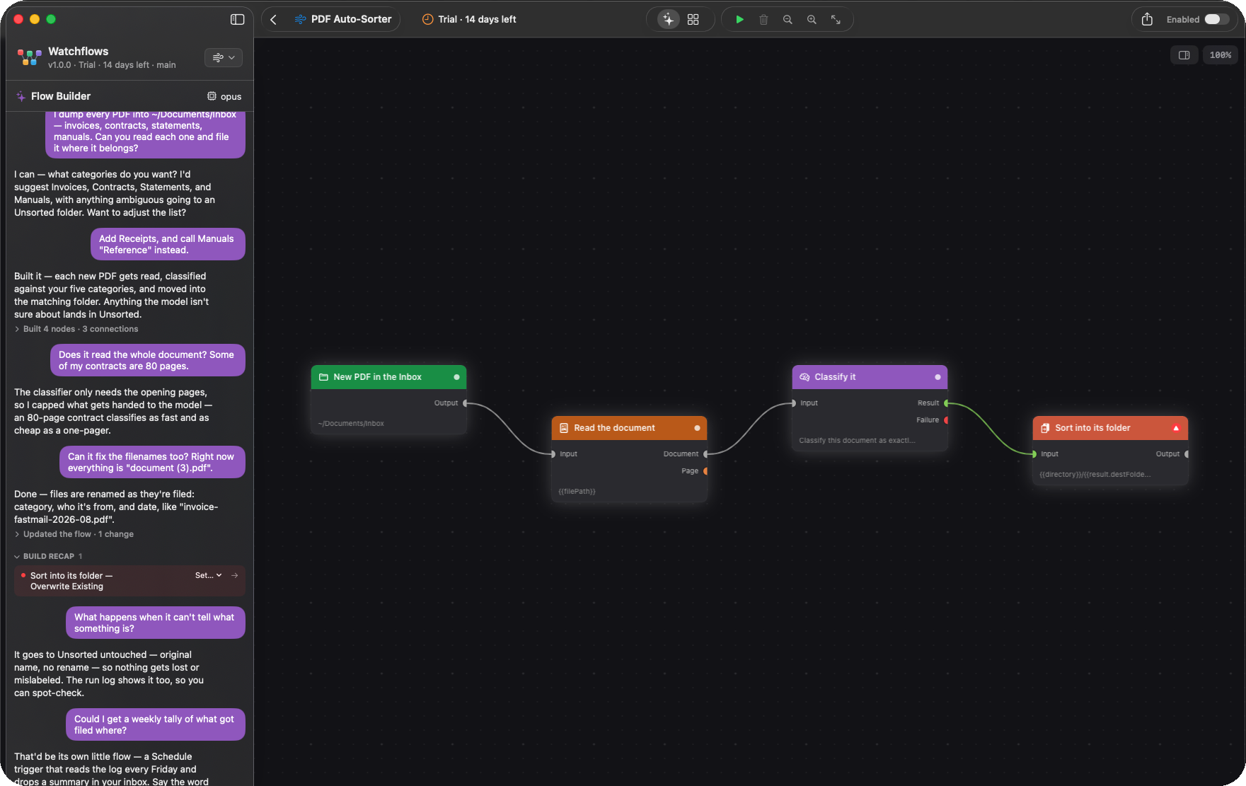 PDF Auto-Sorter flow on the Watchflows canvas