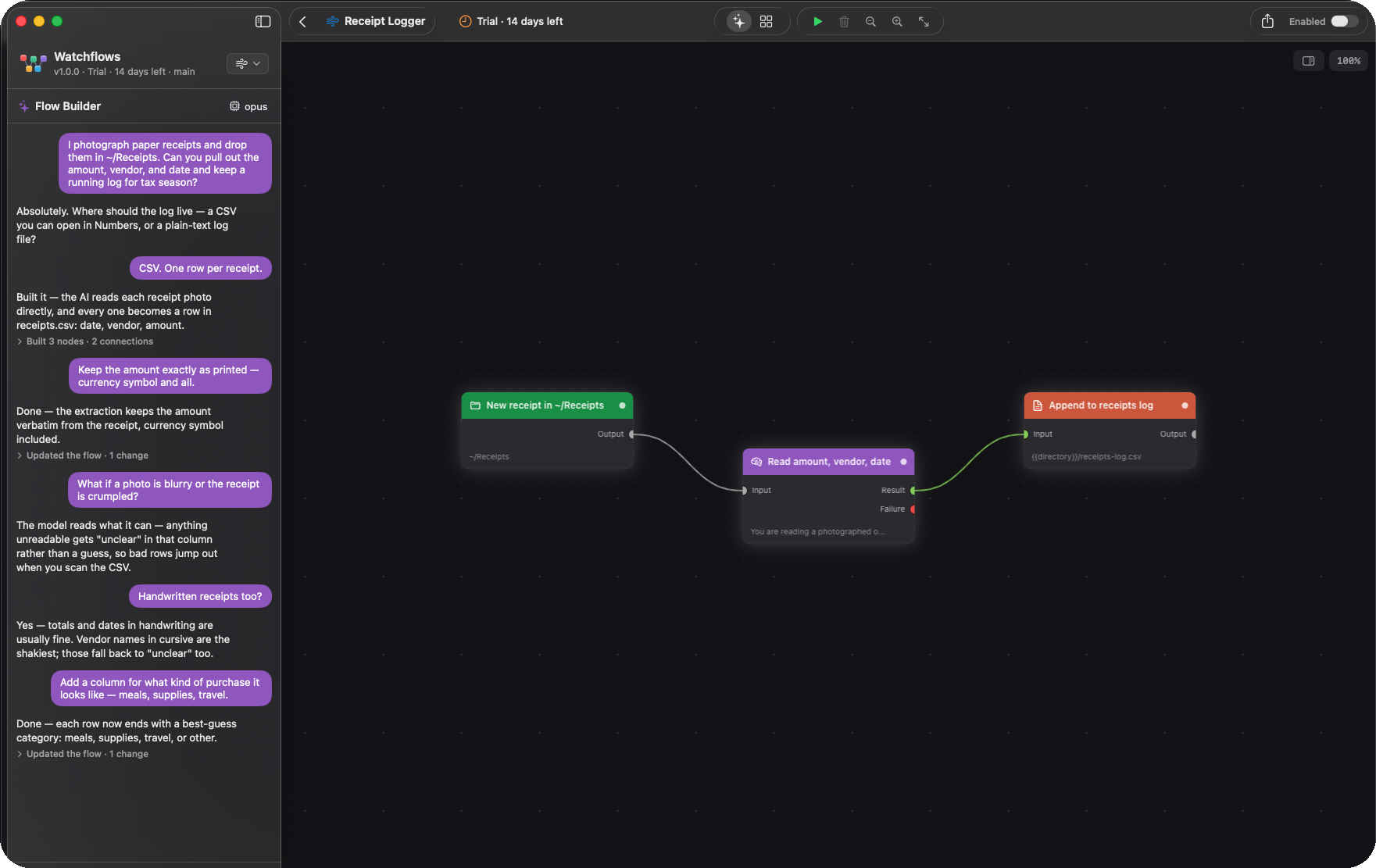 Receipt Logger flow on the Watchflows canvas