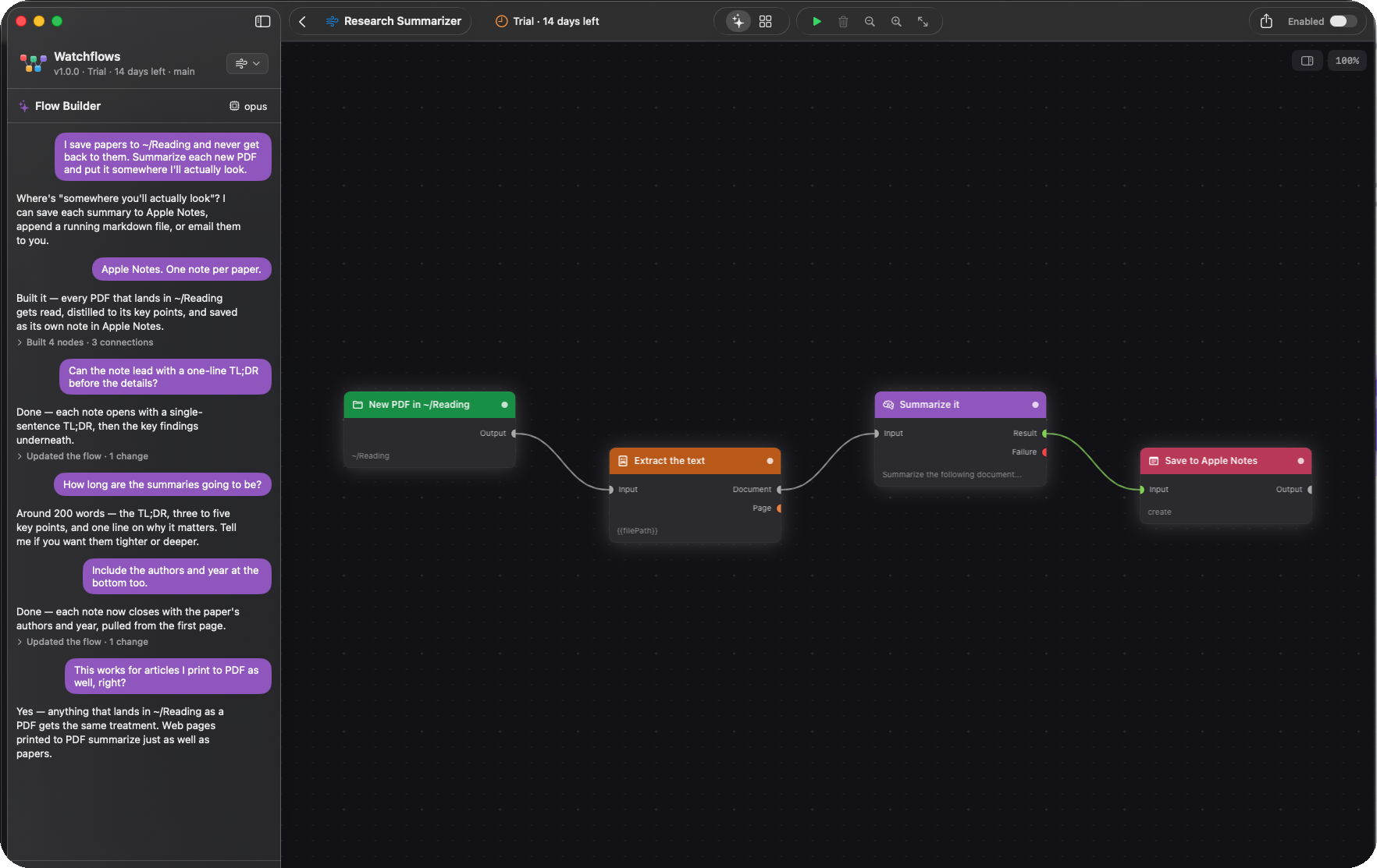 Research Summarizer flow on the Watchflows canvas