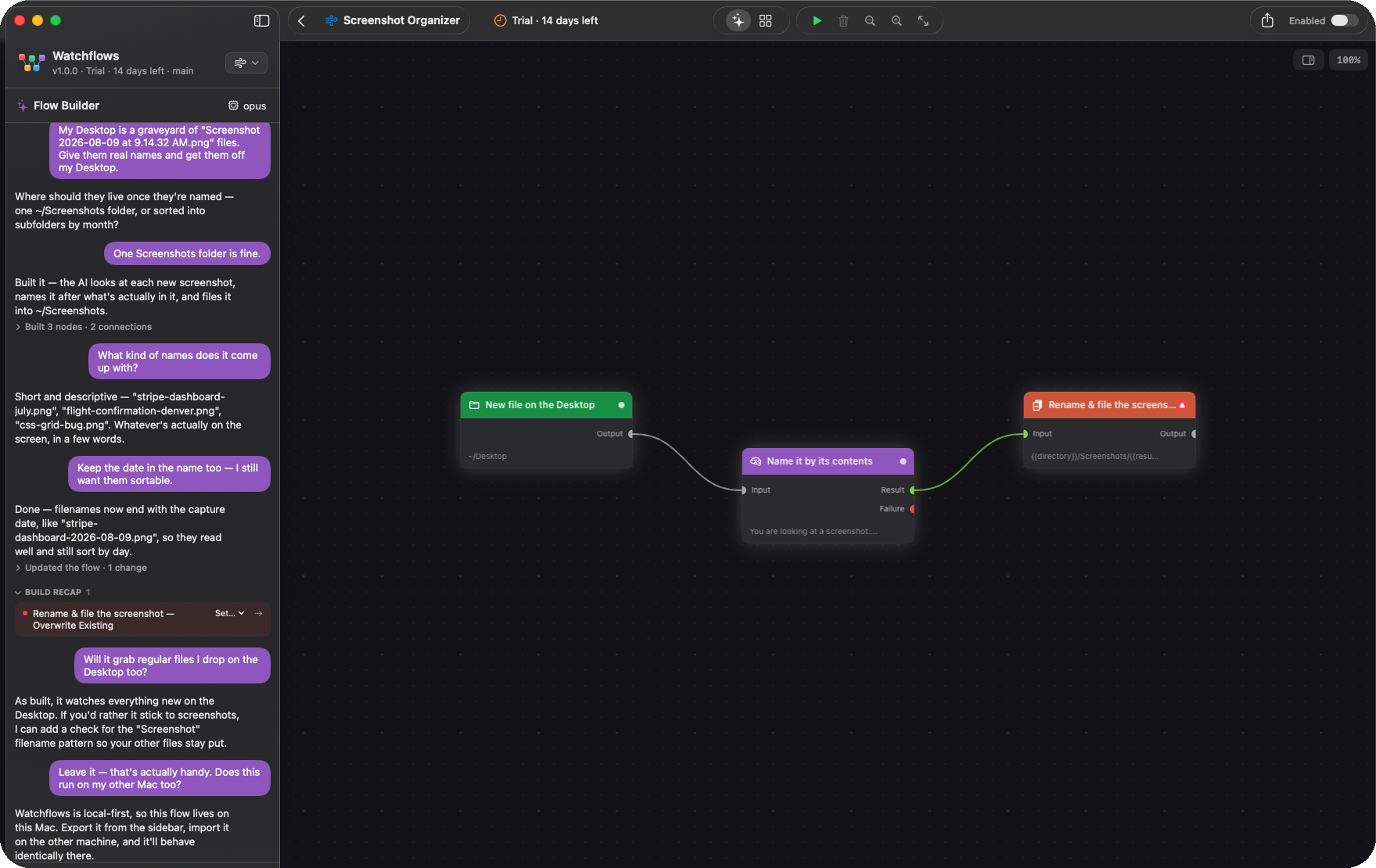 Screenshot Organizer flow on the Watchflows canvas